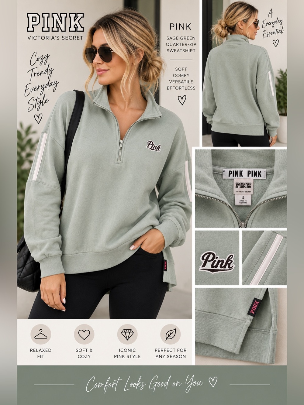 PINK Victoria's Secret Sage Green Quarter-Zip Sweatshirt